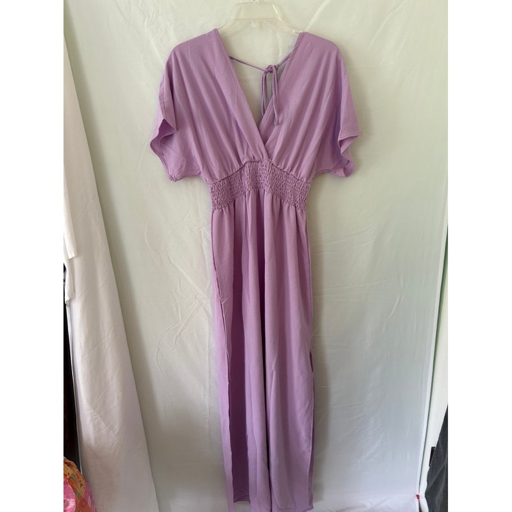 Noflik Lavender Purple‎ Maxi Jumpsuit Smocked Waist Side Slit V-Neck Medium